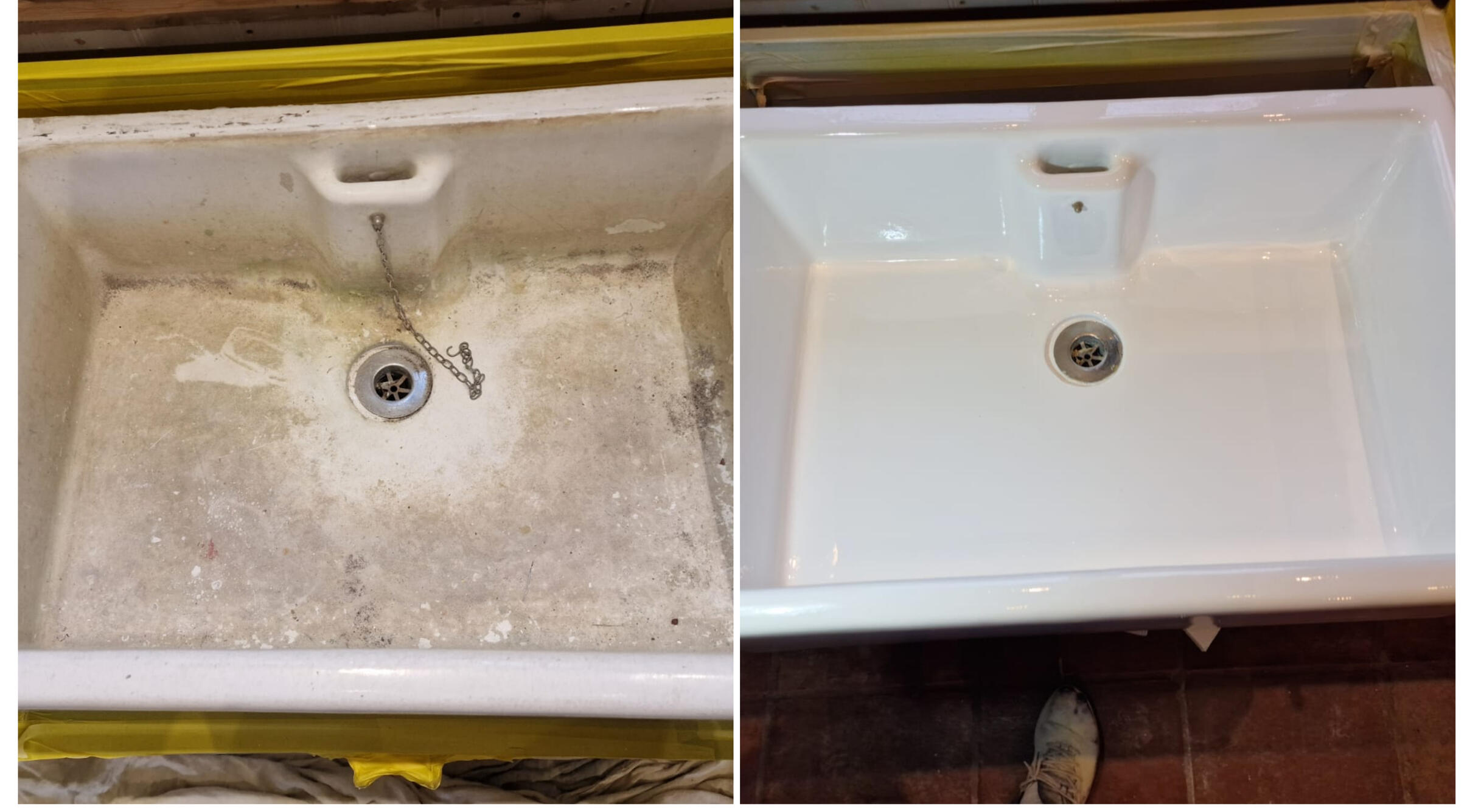 BEFORE AND AFTER PHOTOS OF A KITCHEN CERAMIC BELFAST SINK, WAS DAMAGED AND FULL OF CHIPS, FULLY RESORED TO A LIKE NEW FINISH IN Swansea