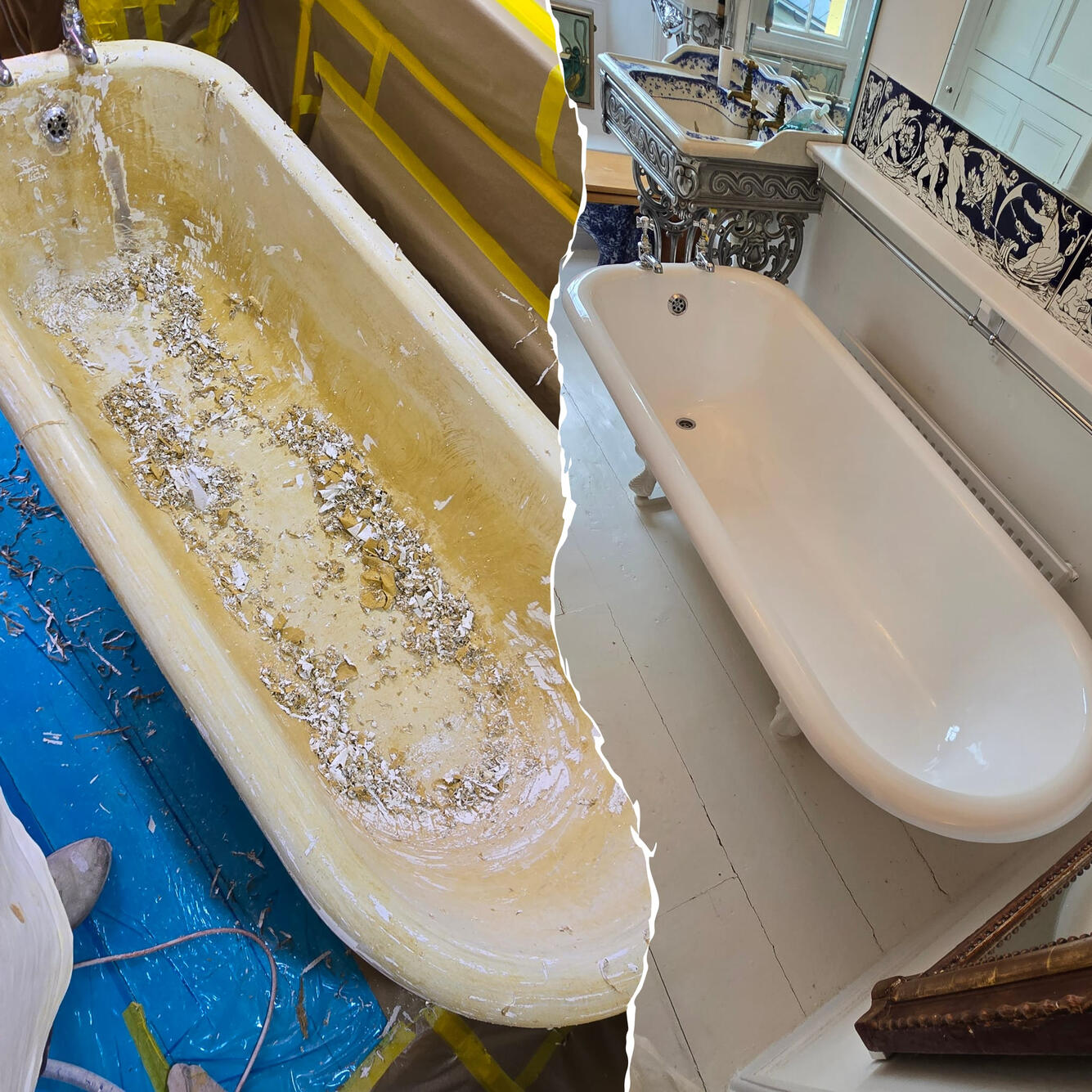 Roll top bath re-enamelled in Swansea Before and after Victorian cast iron roll top bath re-enamelling in Swansea
