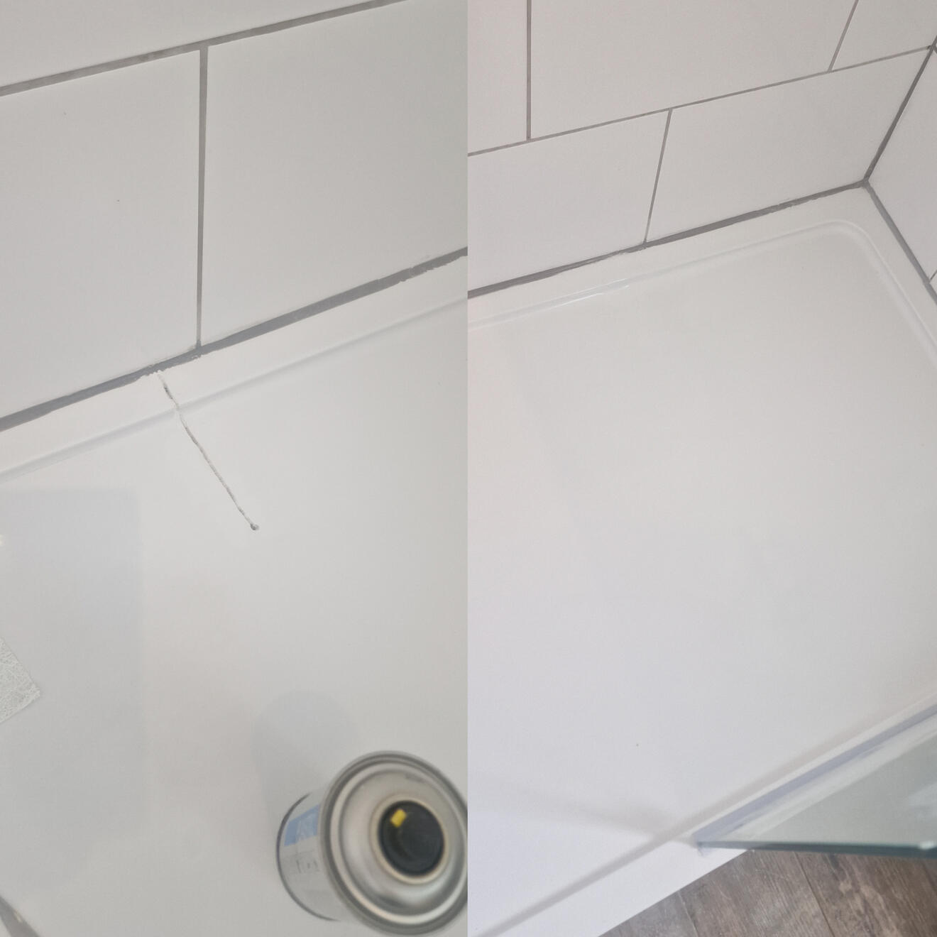 Before and after stone resin shower tray crack repair IN Swansea
