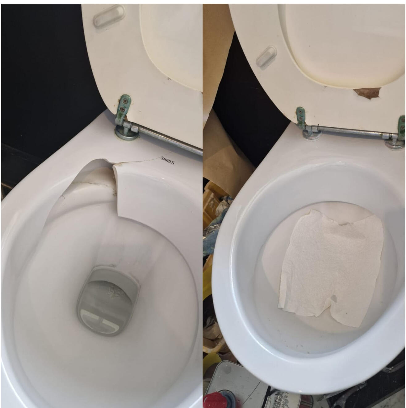 before and after pictures of a ceramic toilet crack repair in a pub in the center of Swansea