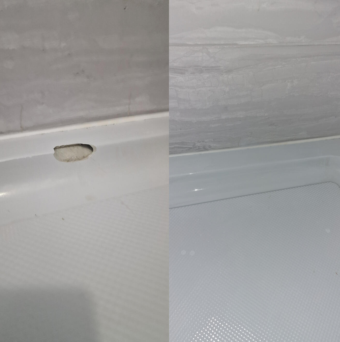 Before and after pictures of a shower Tray repair Swansea