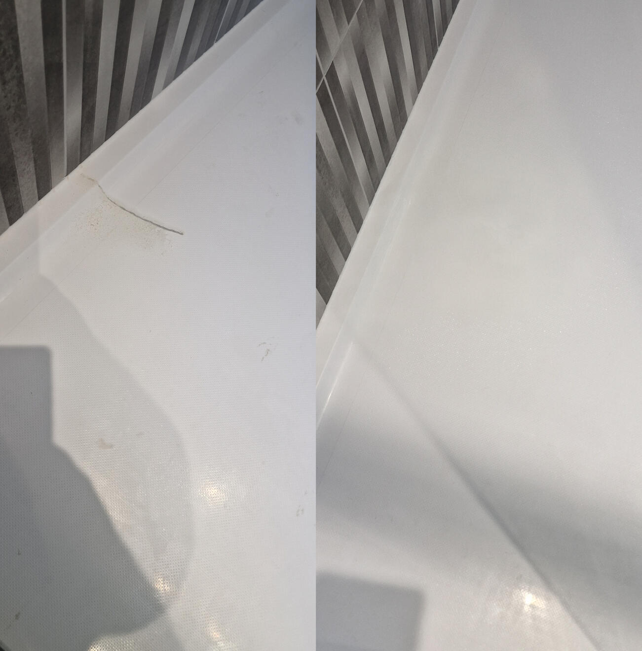before and after pictures of a stone resin acrylic shower tray crack repair Reinforced shower tray crack repair in Mumbles, Swansea