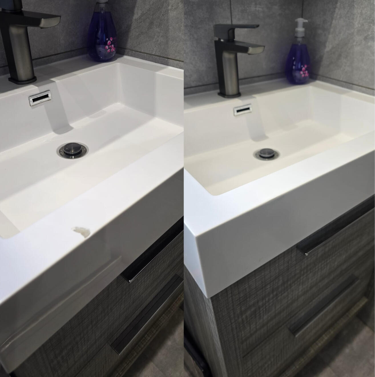BEFORE AND AFTER PICTURES OF A COMPOSITE BATHROOM BASIN CHIP REPAIR Before and after composite bathroom basin chip repair in Swansea
