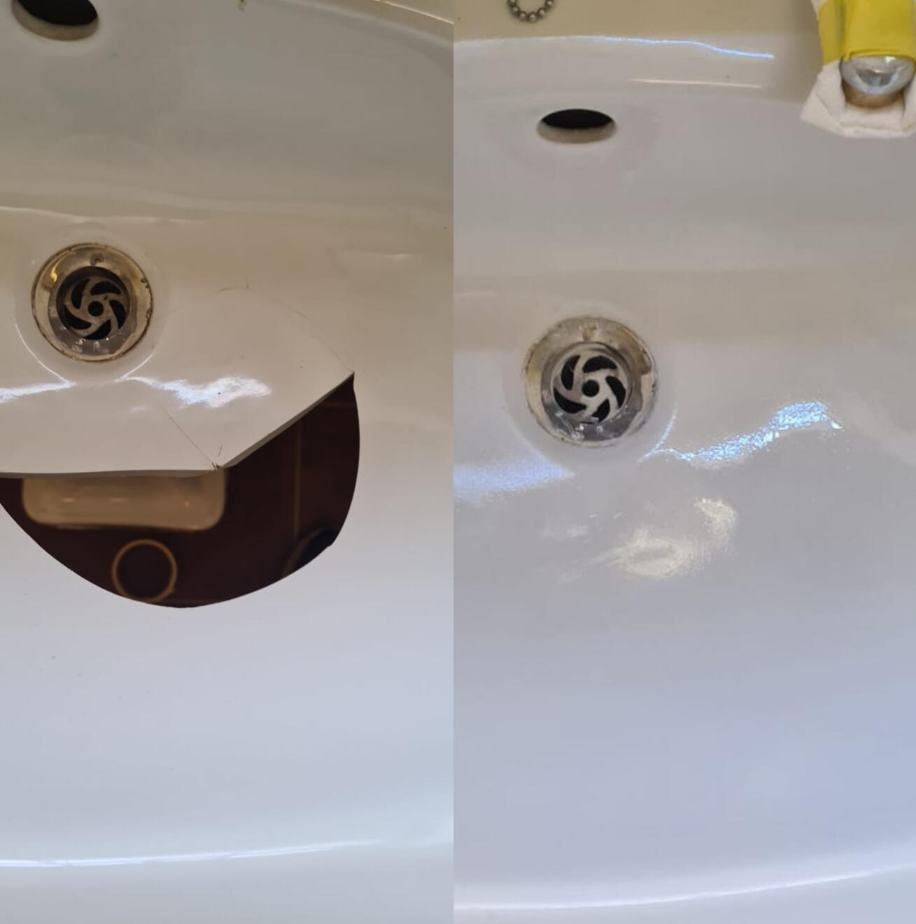 before and after pictures of a ceramic sink crack repair Before and after ceramic sink crack repair in Swansea