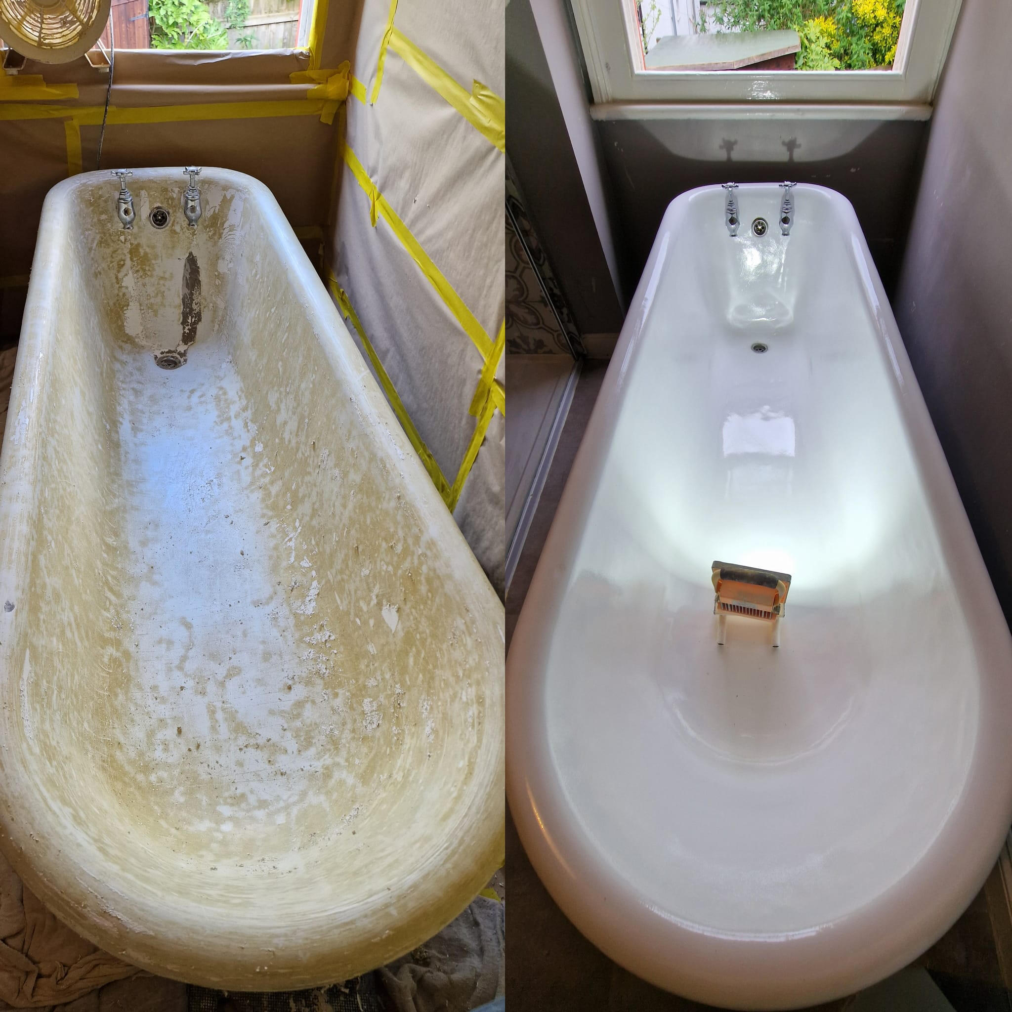 Before and after roll top cast iron bath re-enamelling in Swansea